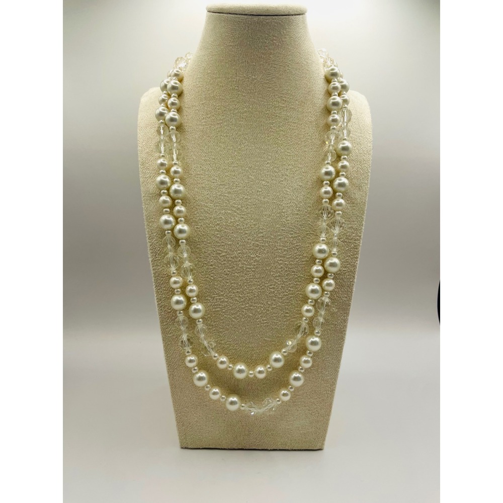Faux Pearl Crystal Bead Long Strand Necklace Cream Gold Tone 48" Long Feminine